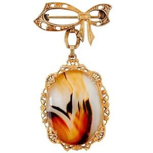 Vintage 1940s 12K Gold Filled Bow Brooch Gemstone Cabochon Mid Century Pin